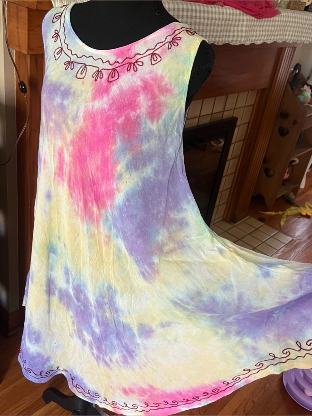Y2K Tie-Dye embroidered boho Midi Dress in Pastel Rainbow